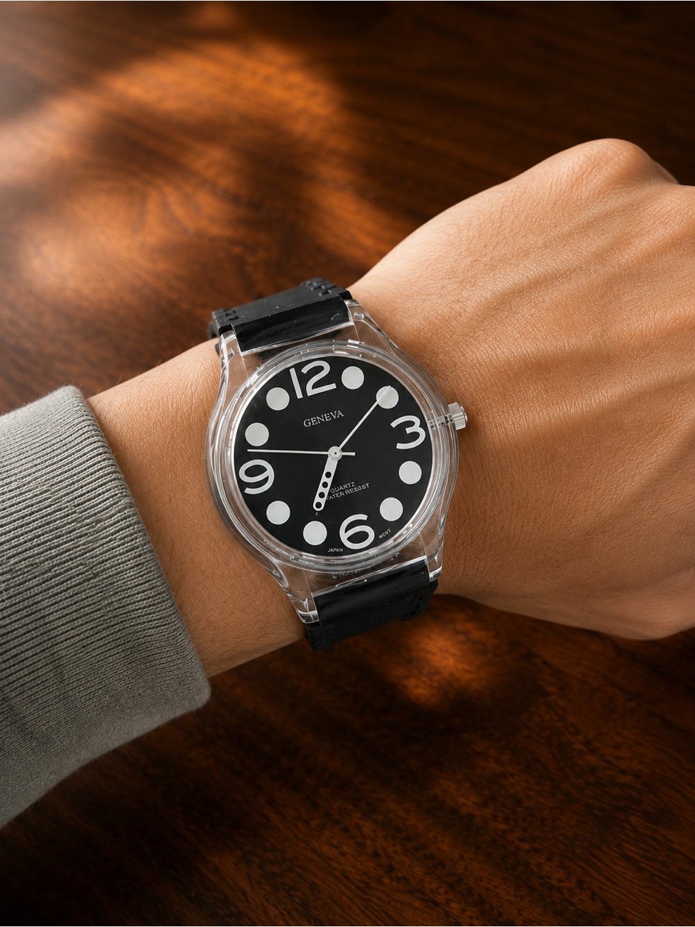 Geneva Black Dial Watch with Clear Case and Black Strap